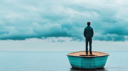 Naklejka premium Fisherman aesthetic evokes ocean adventure. A person standing in a boat on calm water under cloudy skies.