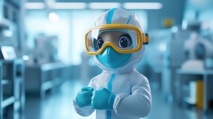 Safety practices in laboratory environments cute animated figure in ppe suit for health awareness