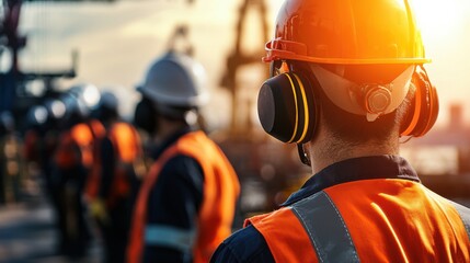Safety first workers in full ppe at construction site team collaboration daylight environment focus on safety practices