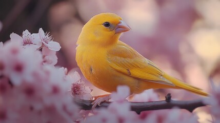 A vibrant yellow canary perched among delicate pink cherry blossoms.
