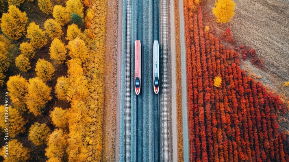 Poster a cross-country high-speed rail journey depicted with trains running on parallel tracks through dive
