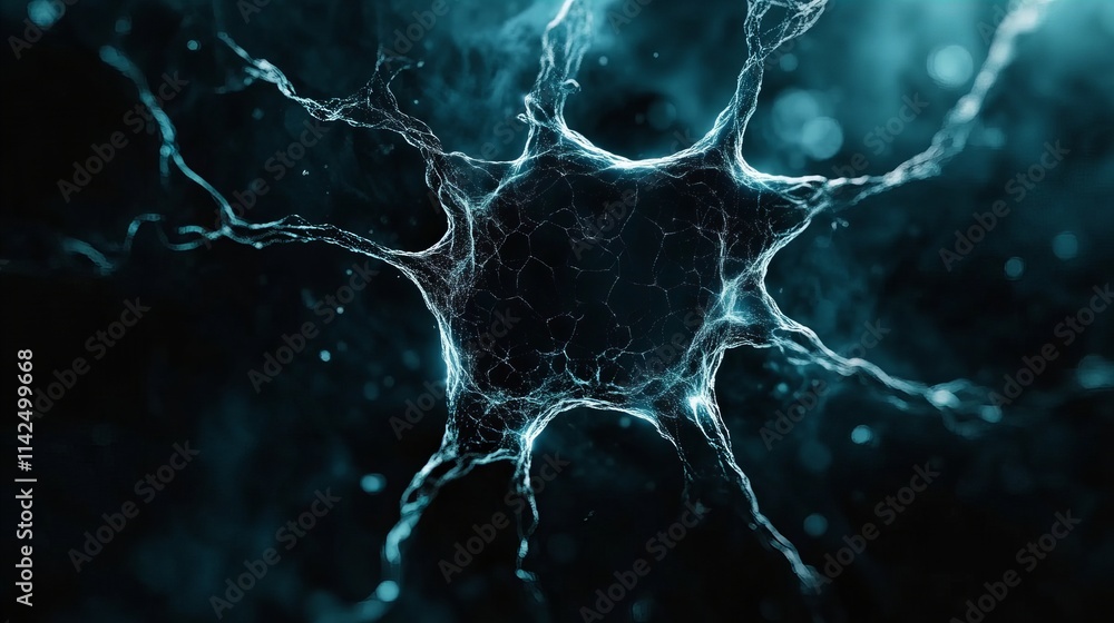Poster abstract teal neuron cell network. intricate web-like structure in a dark background. microscopic de