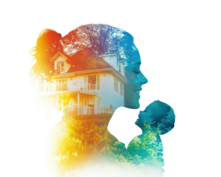 Silhouette of a mother and child with a colorful double exposure effect.