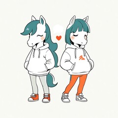 Adorable Pony Couple in Hoodies: A Whimsical Illustration