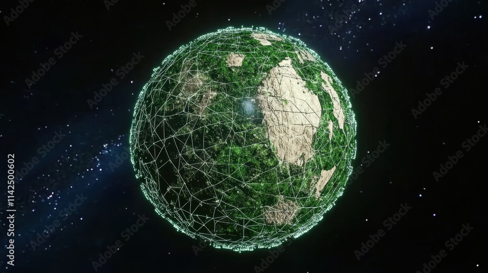 Aufkleber earth globally connected with greenery and network lines in space