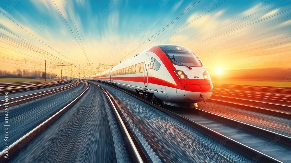 Poster a cross-country high-speed rail journey depicted with trains running on parallel tracks through dive