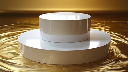 3D rendering white circular podium on gold background High quality isolated background