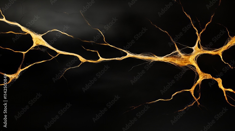 Poster intricate golden neural pathways illuminate a dark background, resembling a complex network or abstr