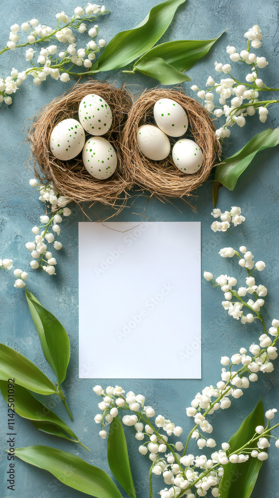 Poster easter eggs adorned with green polka dots resting in nests amid lily of the valley blooms with a bla