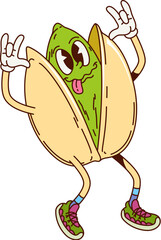 Groovy pistachio nut character features teasing expression, wearing sneakers, and striking a playful pose. Isolated cartoon vector food personage with quirky and cheerful face, conveying funky vibe