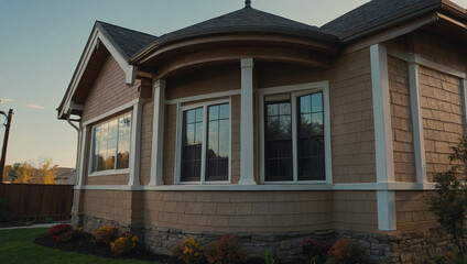 Obraz premium Exterior View of Tan House with Bay Window