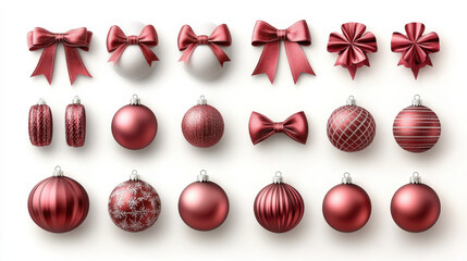 Festive red ornaments, ribbons, and bows create joyful holiday atmosphere. Perfect for decorating Christmas trees and enhancing seasonal celebrations