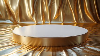 3D rendering white circular podium on gold background High quality isolated background