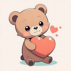 Obraz premium Adorable Brown Teddy Bear Holding a Heart: Sweet Cartoon Illustration
