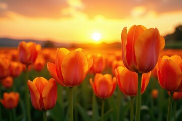 A field of orange tulips swaying gently in the wind, sunset, orange