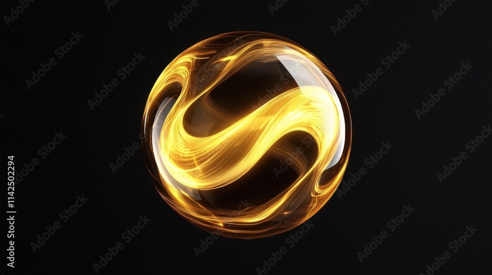 Poster shimmering golden sphere with dynamic light trails on dark background