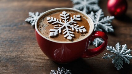 Coffee Mug with Foam Christmas SnowFlake Shape Top View Banner with Copy Space
