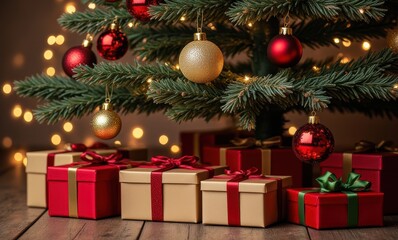 Festive Christmas tree with colorful gifts