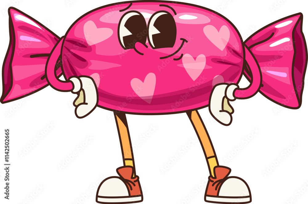 Aufkleber retro groovy candy sweet character with heart patterned wrapper stand with hands on its hips, exudes