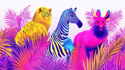 Obraz premium Vibrant Animal Trio in Lush Tropical Foliage Featuring a Colorful Lion, Zebra, and Abstract Creature Against a Brightly Colored Background