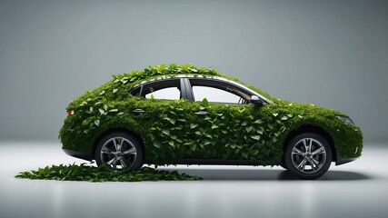 Eco Green Car Made of Leaves Isolated. No Pollution and Emmission Transportation Concept