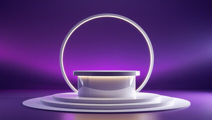 3D rendering white circular podium on purple background High quality isolated background