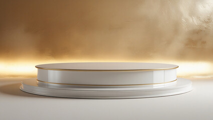 3D rendering white circular podium on gold background High quality isolated background