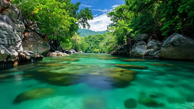 Golden sunlight dances on crystal-clear waters of a tropical lagoon, bordered by vibrant green foliage and rugged rocks, creating a peaceful natural oasis.