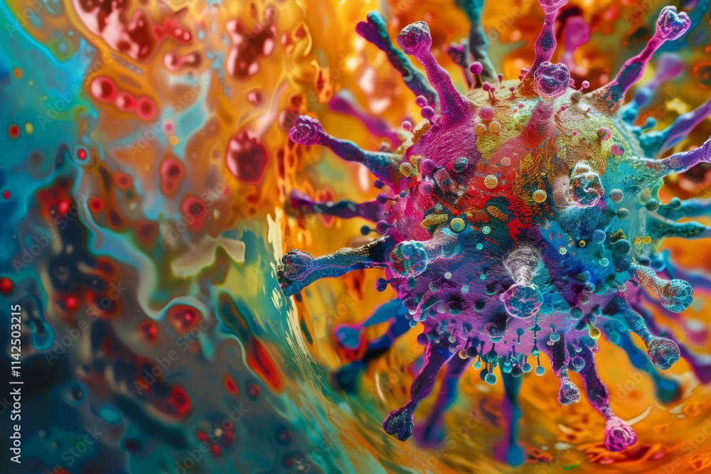 Poster Artistic Interpretation of Flu Virus Under Dynamic Colors and Patterns Highlighting Biological Complexity and Microscopic Beauty in Vibrant Artwork