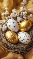 Obraz premium Four decorated easter eggs with gold decorations are resting in a nest on a gold satin background with white flowers