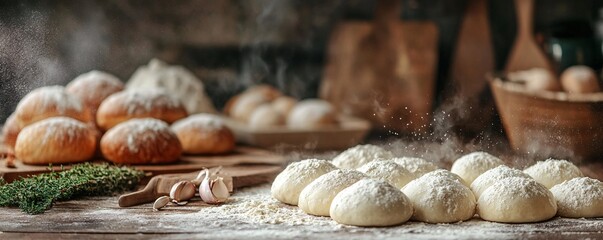 Baker sprinkling flour on raw dough for baking bread in rustic kitchen