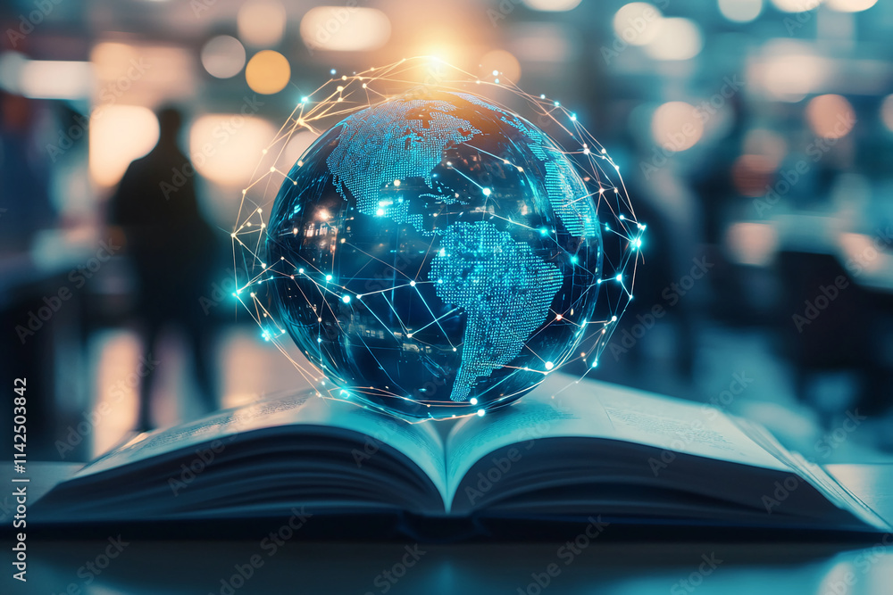 Poster digital globe illuminated above an open book representing global knowledge and technology in a moder