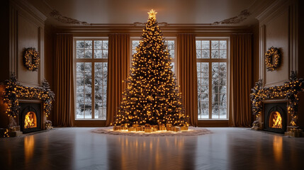 beautifully decorated Christmas tree stands in cozy room, surrounded by glowing lights and presents, creating warm festive atmosphere. snowy landscape outside adds to holiday charm