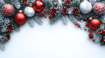 Festive Christmas decoration with red and white ornaments, pinecones, and snowflakes on white background, creating joyful holiday atmosphere