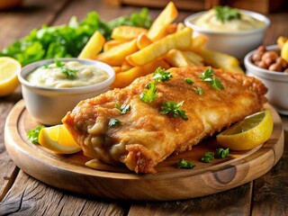 Crispy Fish and Chips, Delicious Seafood Meal, British Takeaway Food, Restaurant Dish, Golden Fried Fish, Tasty Chips, Classic British Cuisine