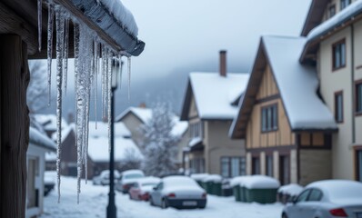 Winter scene with icicles and snow-covered homes