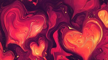 Abstract heart shapes melting into a gradient background of warm red, pink, and orange hues.