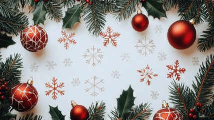 Festive Christmas wallpaper featuring red ornaments, green foliage, and snowflakes creates joyful holiday atmosphere. Perfect for seasonal decorations and celebrations