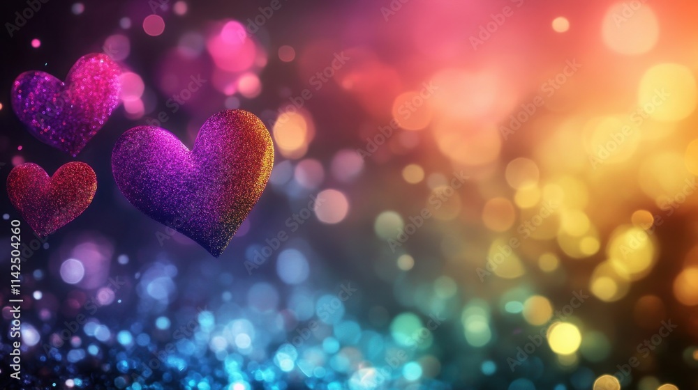 Aufkleber abstract hearts floating in a sea of colorful light rays and glittering bokeh, creating a dreamy lov