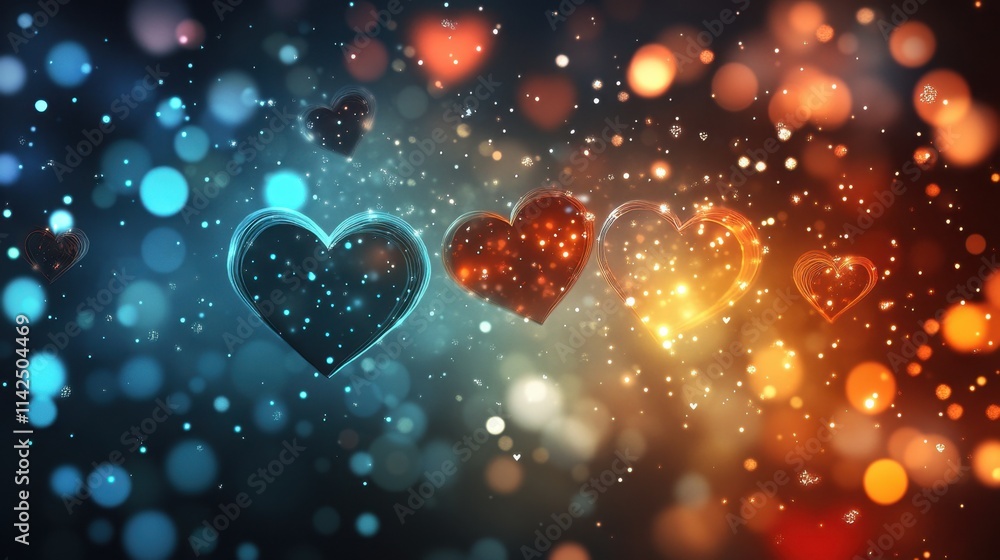 Poster abstract hearts floating in a sea of colorful light rays and glittering bokeh, creating a dreamy lov