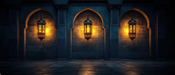 Fototapeta premium Three lit lanterns hang in ornate arched alcoves of a dark stone wall.