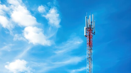 Obraz premium Communication Tower Against Clear Blue Sky with White Clouds