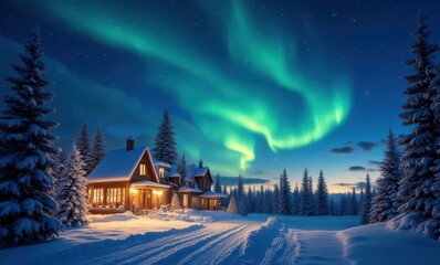 Cozy cabin beneath vibrant northern lights