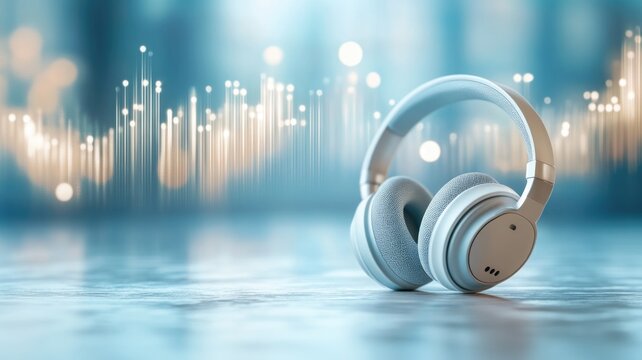 Modern headphones with ambient sound waves on reflective surface for music and audio design