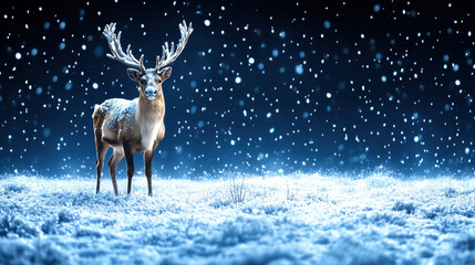 majestic reindeer stands in snowy landscape, surrounded by falling snowflakes. serene winter scene captures beauty of nature during festive season