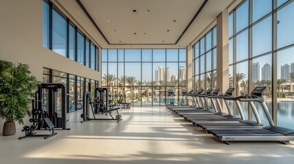 Obraz premium Luxurious gym with floor-to-ceiling windows overlooking a pool and city skyline.