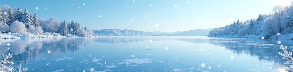 A frozen lake on a clear blue winter sky with a few snowflakes falling around it, snowfall, lake