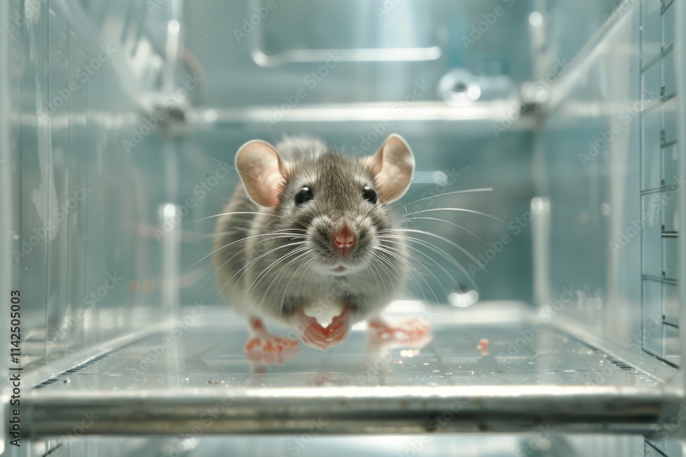 Poster close-up view of a laboratory mouse inside a transparent research enclosure with clear background an