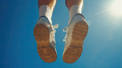 Feet with white sneakers and white socks against a clear blue sky, soles facing the camera.