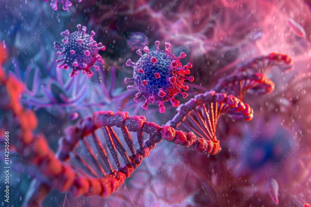 Poster detailed microscopic view of retrovirus integrating with dna helix illustrating complex interactions
